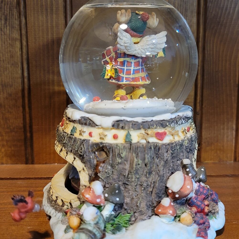 Angel Moose Maple Tree Christmas Holiday Musical Animated Snow Globe - Picture 2 of 4